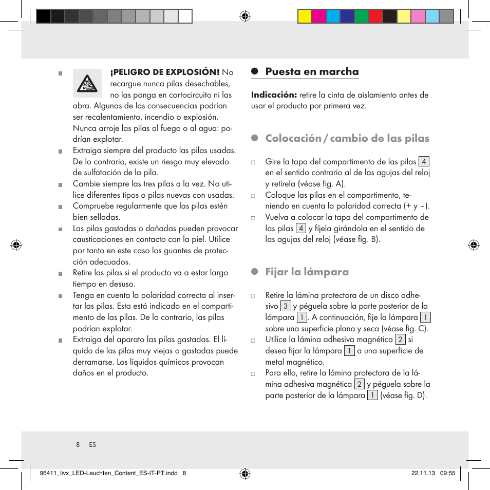 Puesta en marcha, Colocación / cambio de las pilas, Fijar la lámpara | Livarno Z31124A/Z31124B User Manual | Page 8 / 35