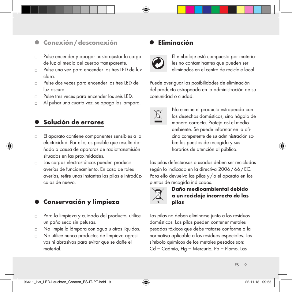 Conexión / desconexión, Solución de errores, Conservación y limpieza | Eliminación | Livarno Z31124A/Z31124B User Manual | Page 9 / 35