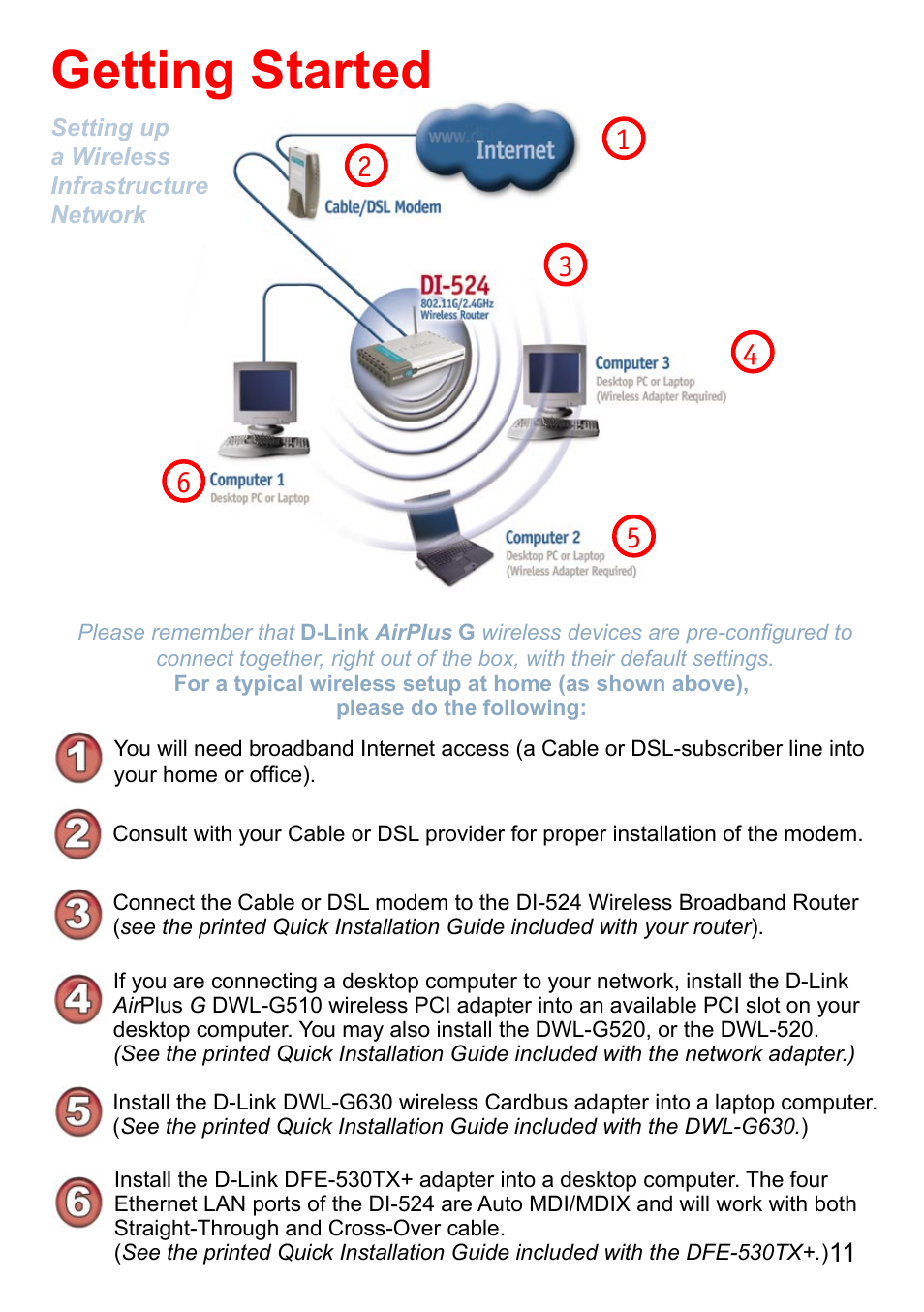 Getting started | D-Link AirPlus DI-524 User Manual | Page 11 / 95
