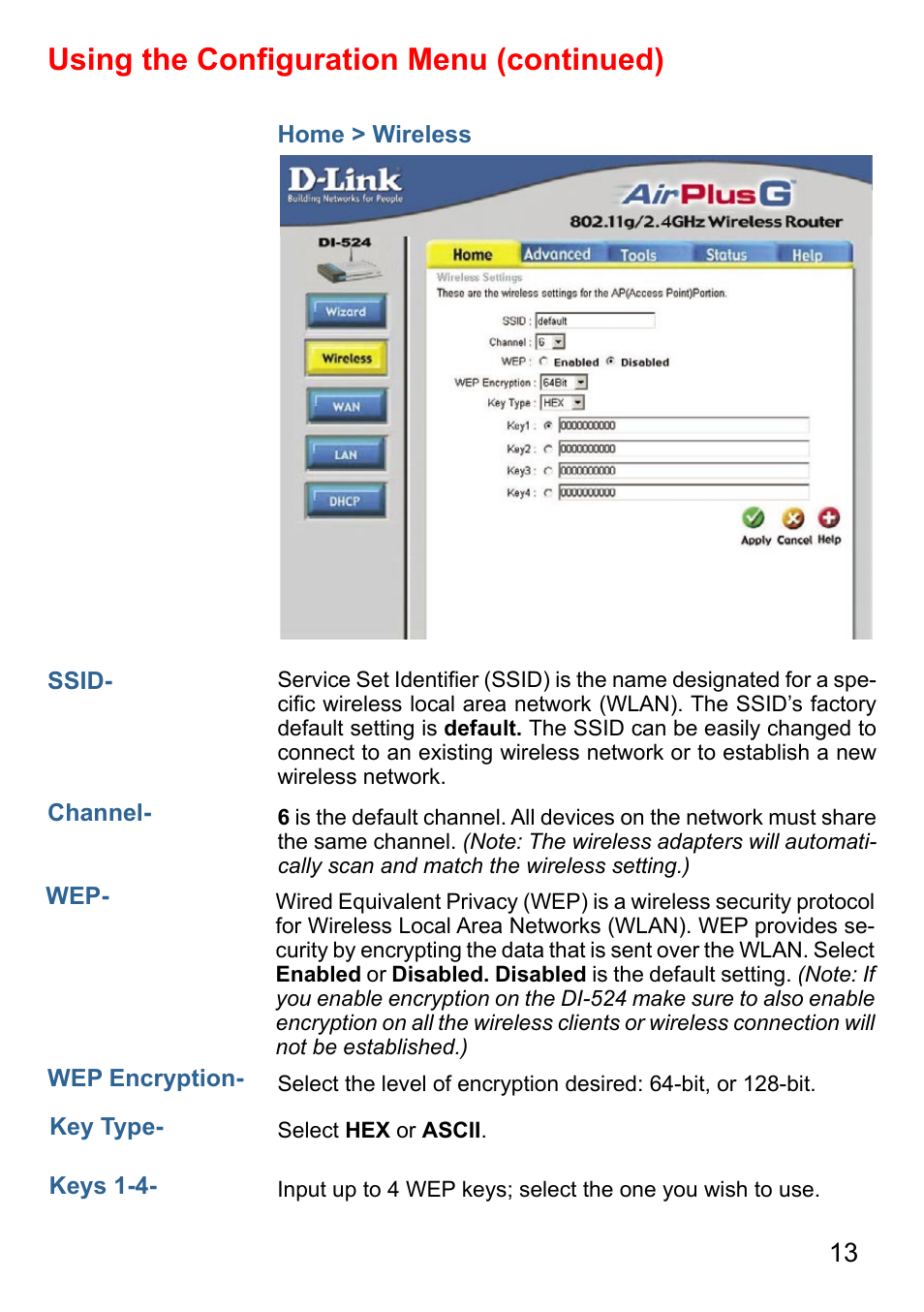 Using the conﬁguration menu (continued) | D-Link AirPlus DI-524 User Manual | Page 13 / 95