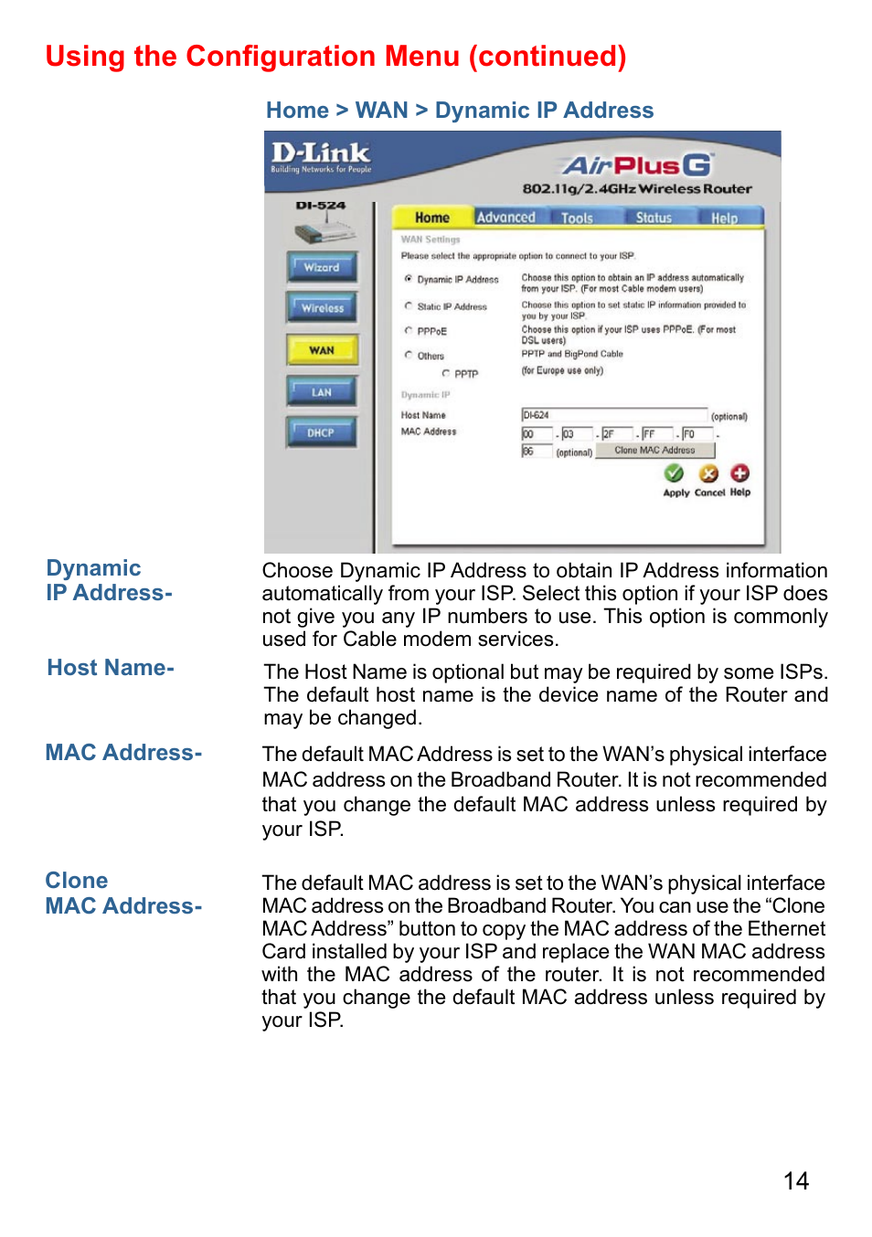 Using the conﬁguration menu (continued) | D-Link AirPlus DI-524 User Manual | Page 14 / 95