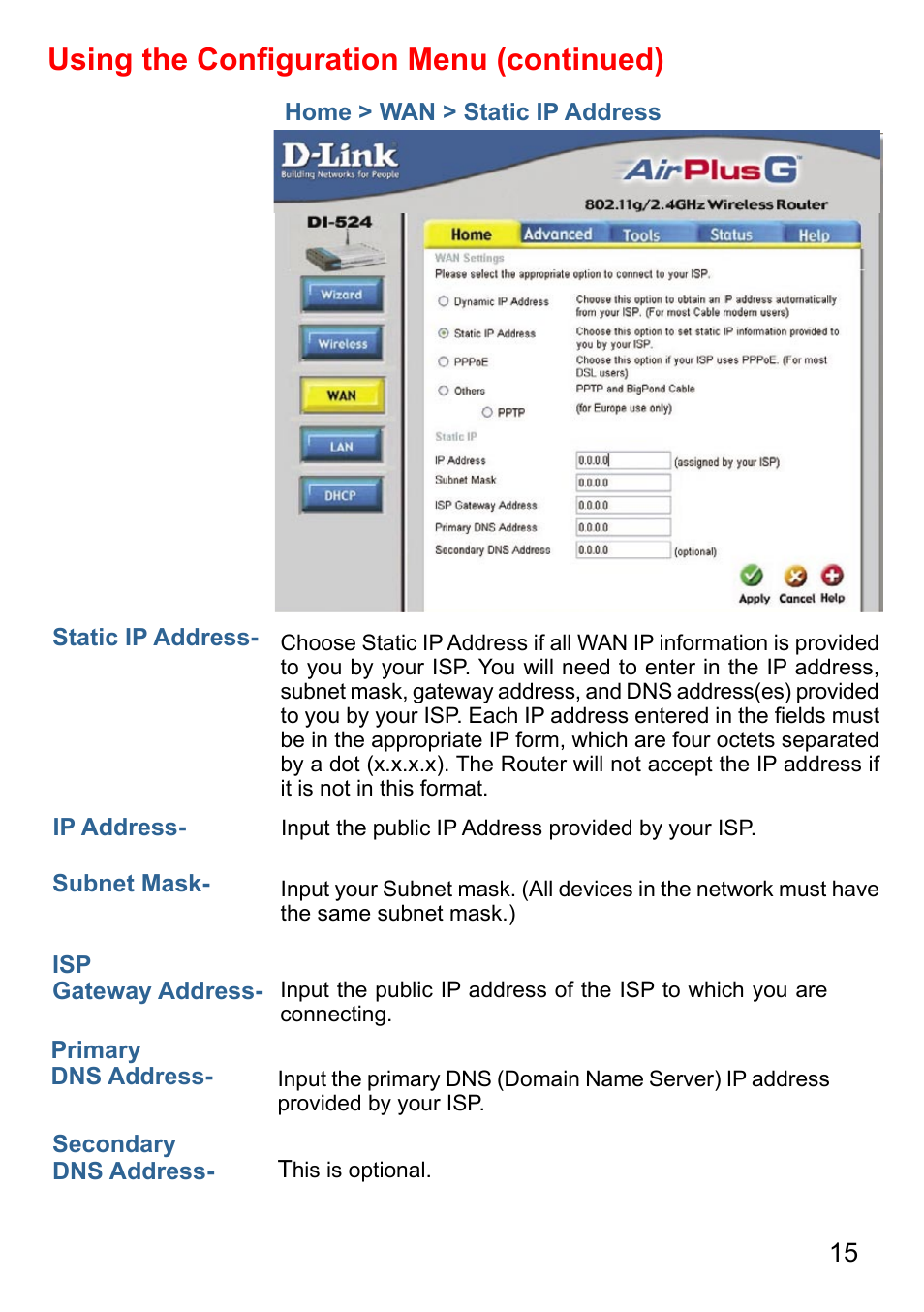 Using the conﬁguration menu (continued) | D-Link AirPlus DI-524 User Manual | Page 15 / 95