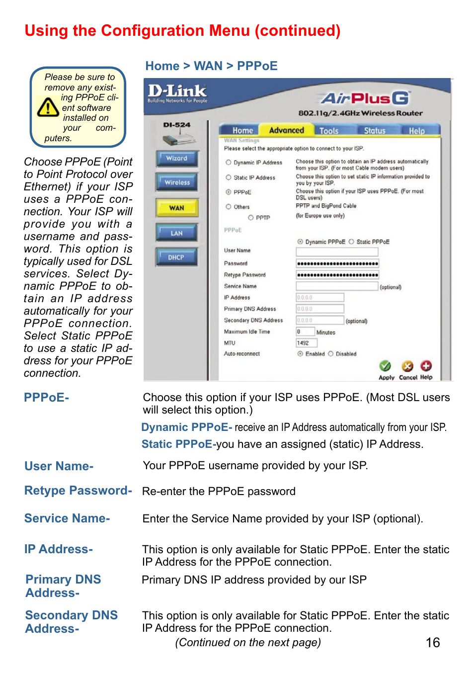 Using the conﬁguration menu (continued) | D-Link AirPlus DI-524 User Manual | Page 16 / 95