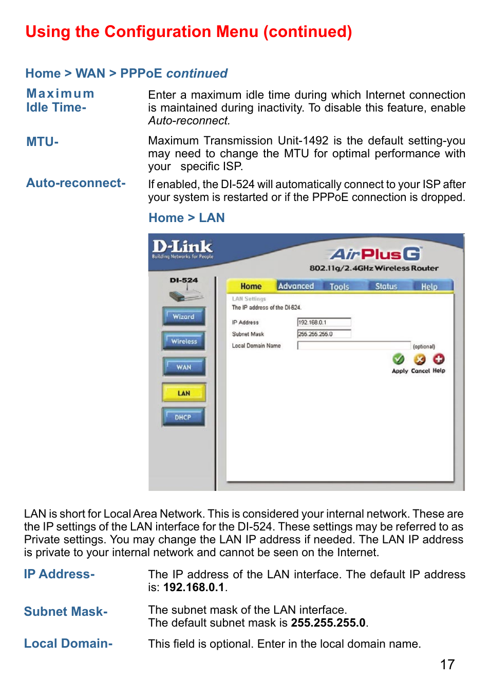 Using the conﬁguration menu (continued) | D-Link AirPlus DI-524 User Manual | Page 17 / 95