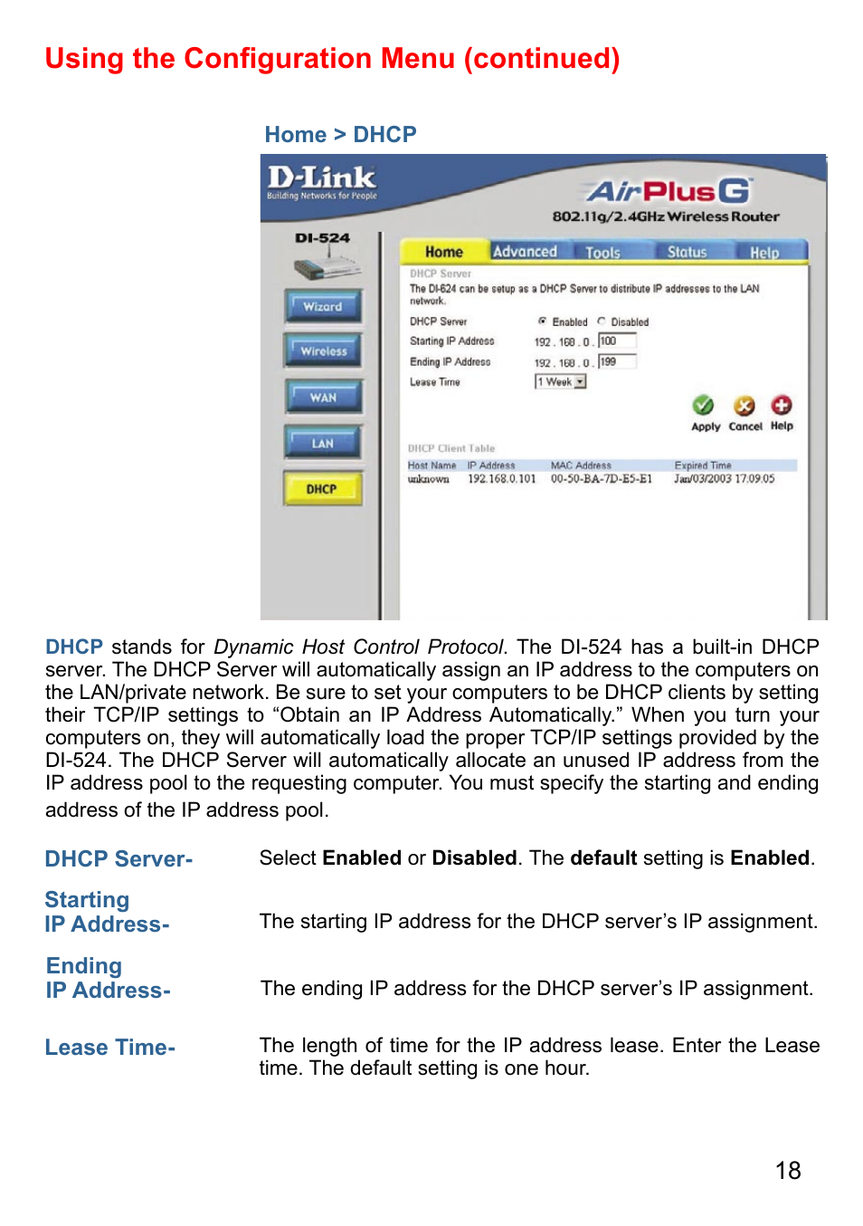 Using the conﬁguration menu (continued) | D-Link AirPlus DI-524 User Manual | Page 18 / 95