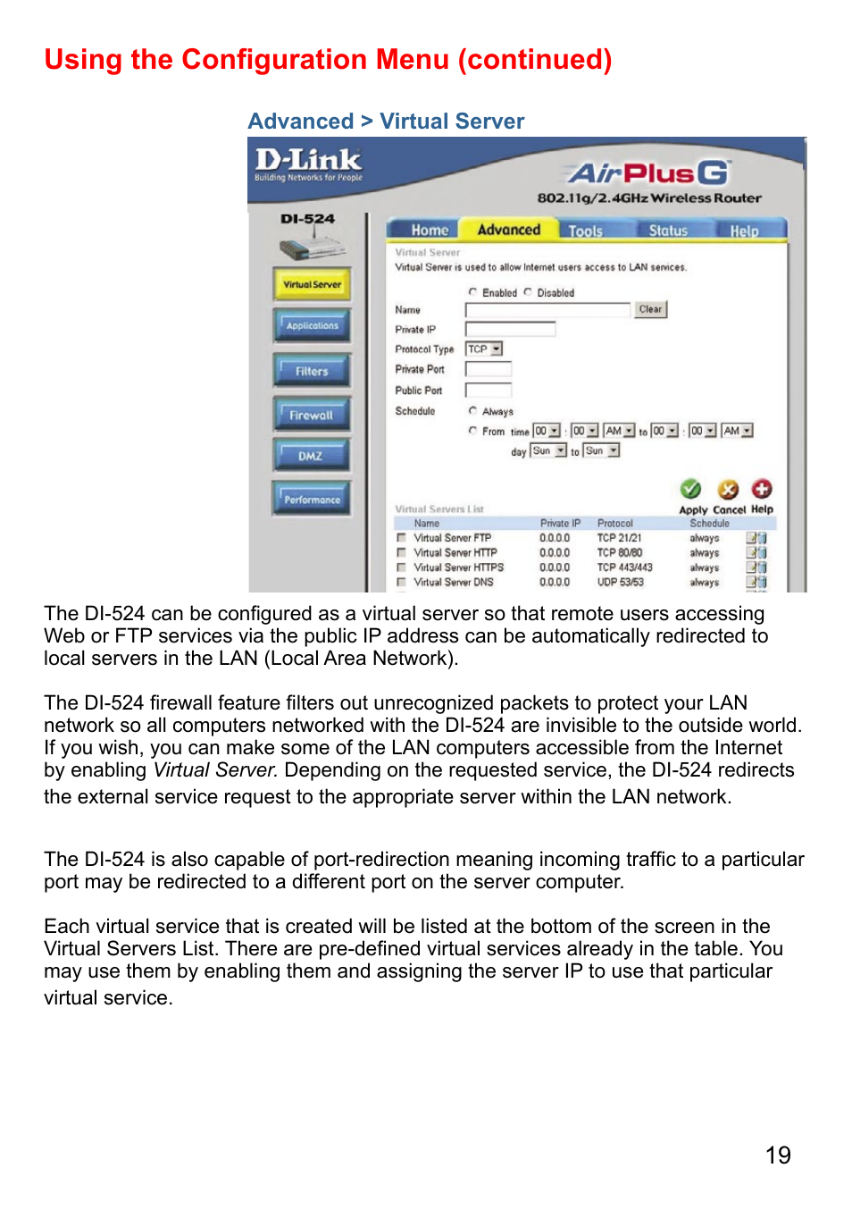 Using the conﬁguration menu (continued) | D-Link AirPlus DI-524 User Manual | Page 19 / 95