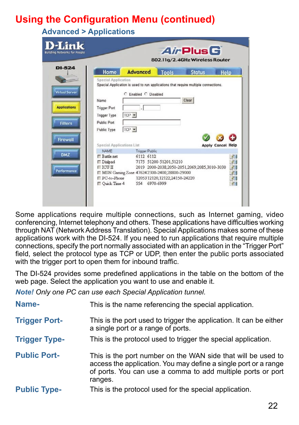 Using the conﬁguration menu (continued) | D-Link AirPlus DI-524 User Manual | Page 22 / 95