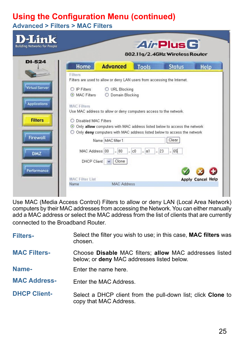 Using the conﬁguration menu (continued) | D-Link AirPlus DI-524 User Manual | Page 25 / 95