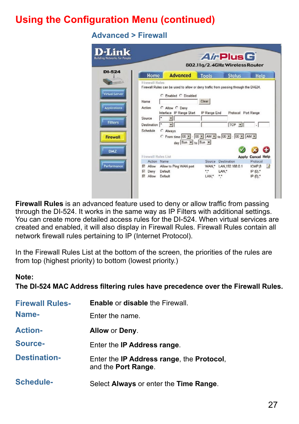 Using the conﬁguration menu (continued) | D-Link AirPlus DI-524 User Manual | Page 27 / 95