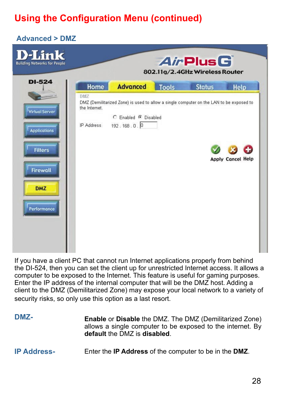 Using the conﬁguration menu (continued) | D-Link AirPlus DI-524 User Manual | Page 28 / 95