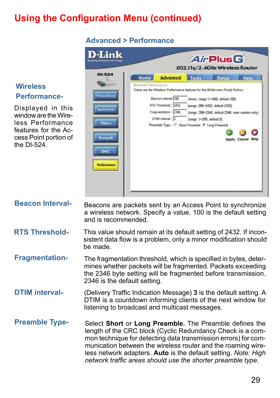 Using the conﬁguration menu (continued) | D-Link AirPlus DI-524 User Manual | Page 29 / 95
