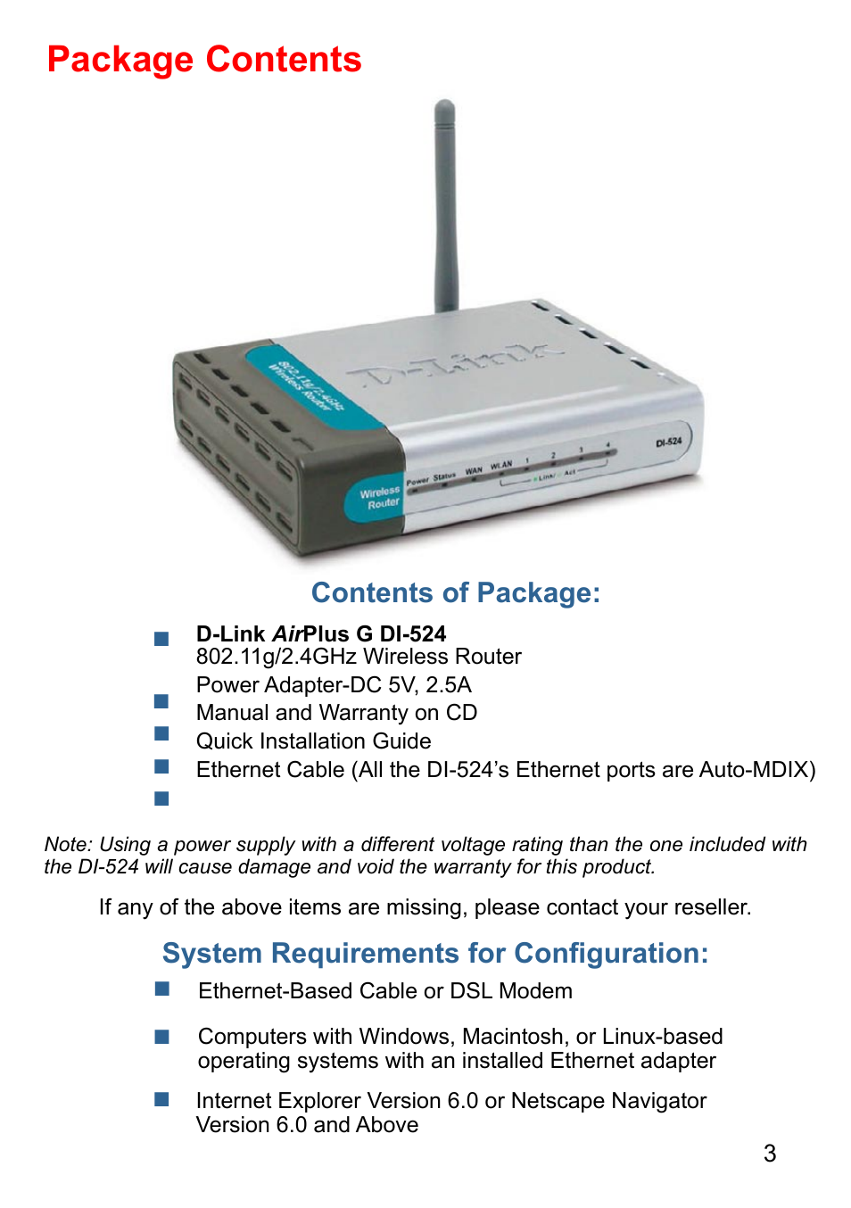 Package contents, Contents of package, System requirements for conﬁguration | D-Link AirPlus DI-524 User Manual | Page 3 / 95