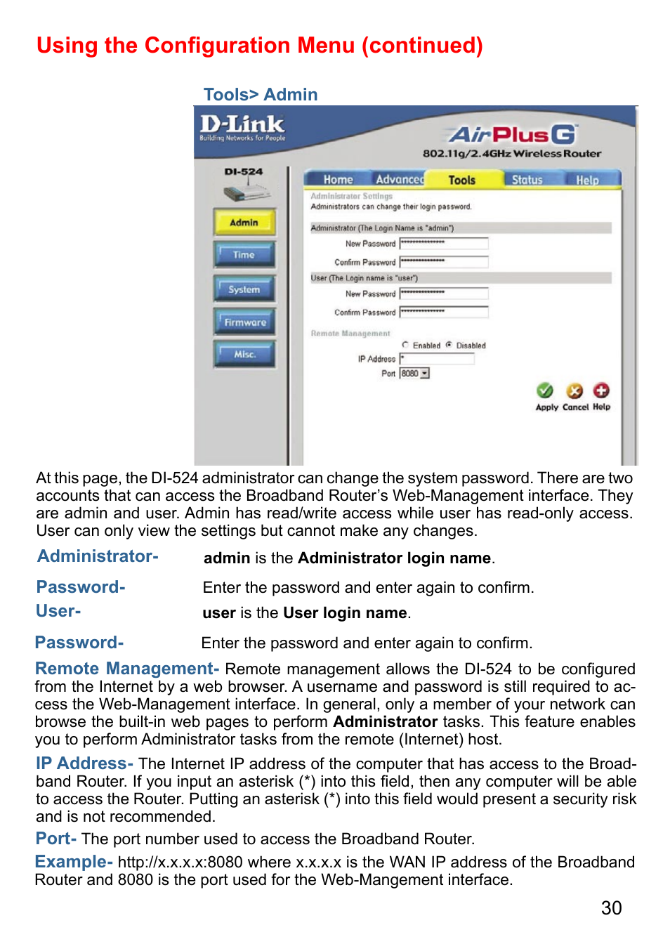 Using the conﬁguration menu (continued) | D-Link AirPlus DI-524 User Manual | Page 30 / 95
