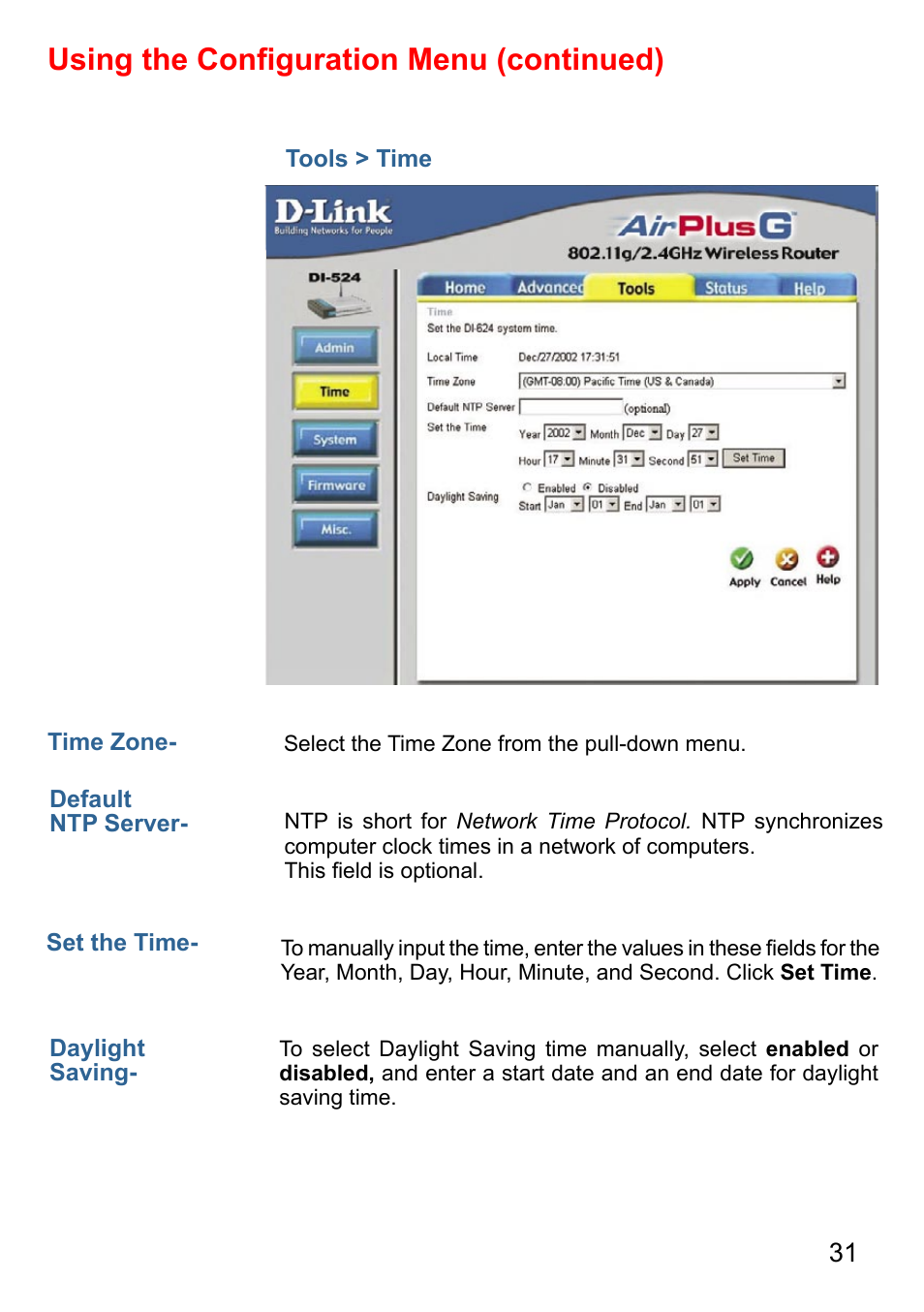 Using the conﬁguration menu (continued) | D-Link AirPlus DI-524 User Manual | Page 31 / 95