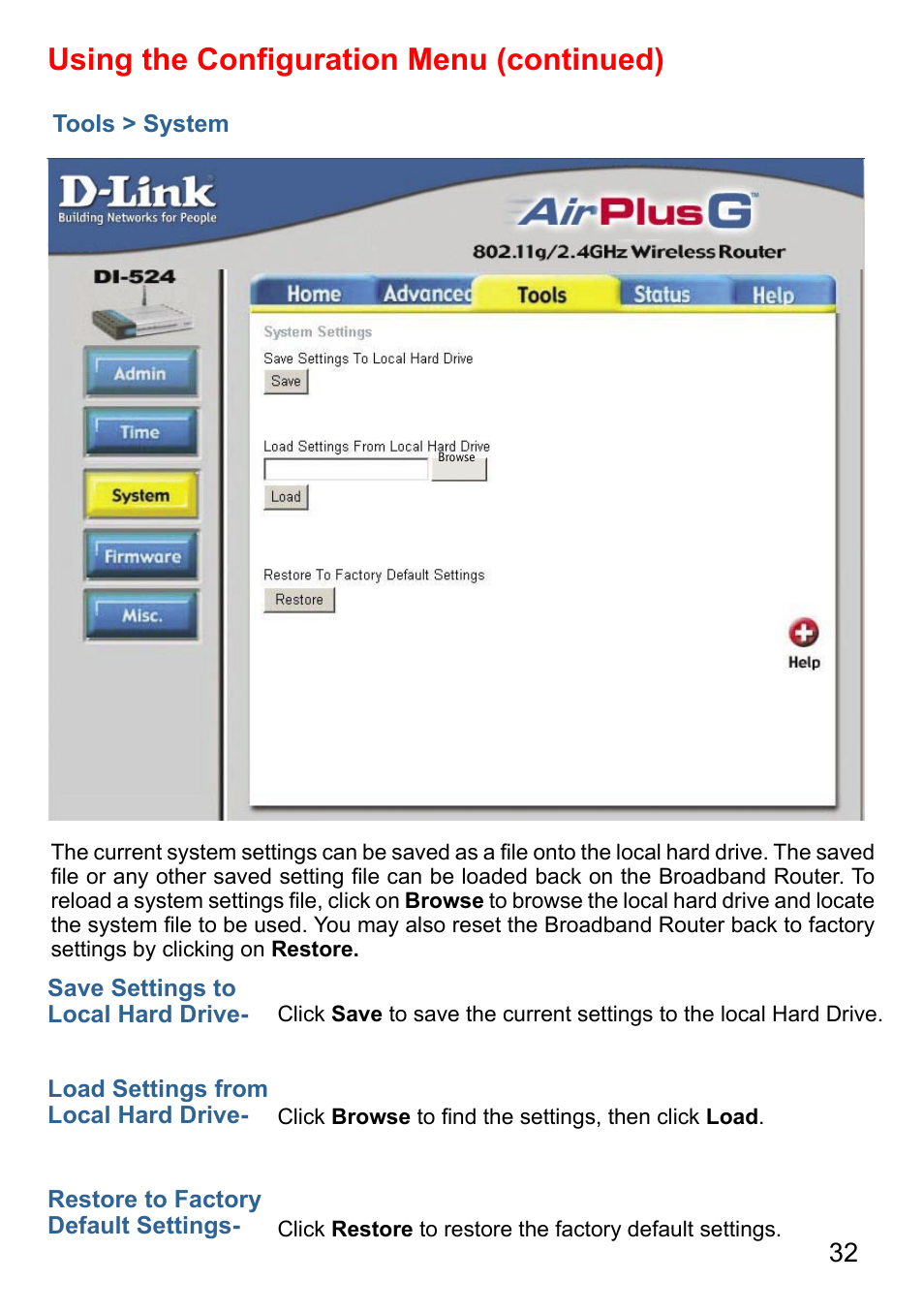 Using the conﬁguration menu (continued) | D-Link AirPlus DI-524 User Manual | Page 32 / 95