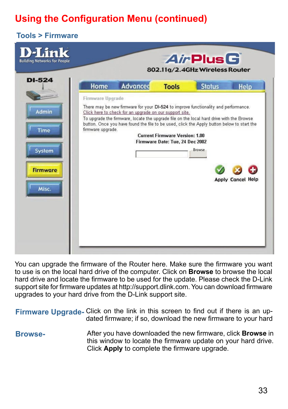 Using the conﬁguration menu (continued) | D-Link AirPlus DI-524 User Manual | Page 33 / 95