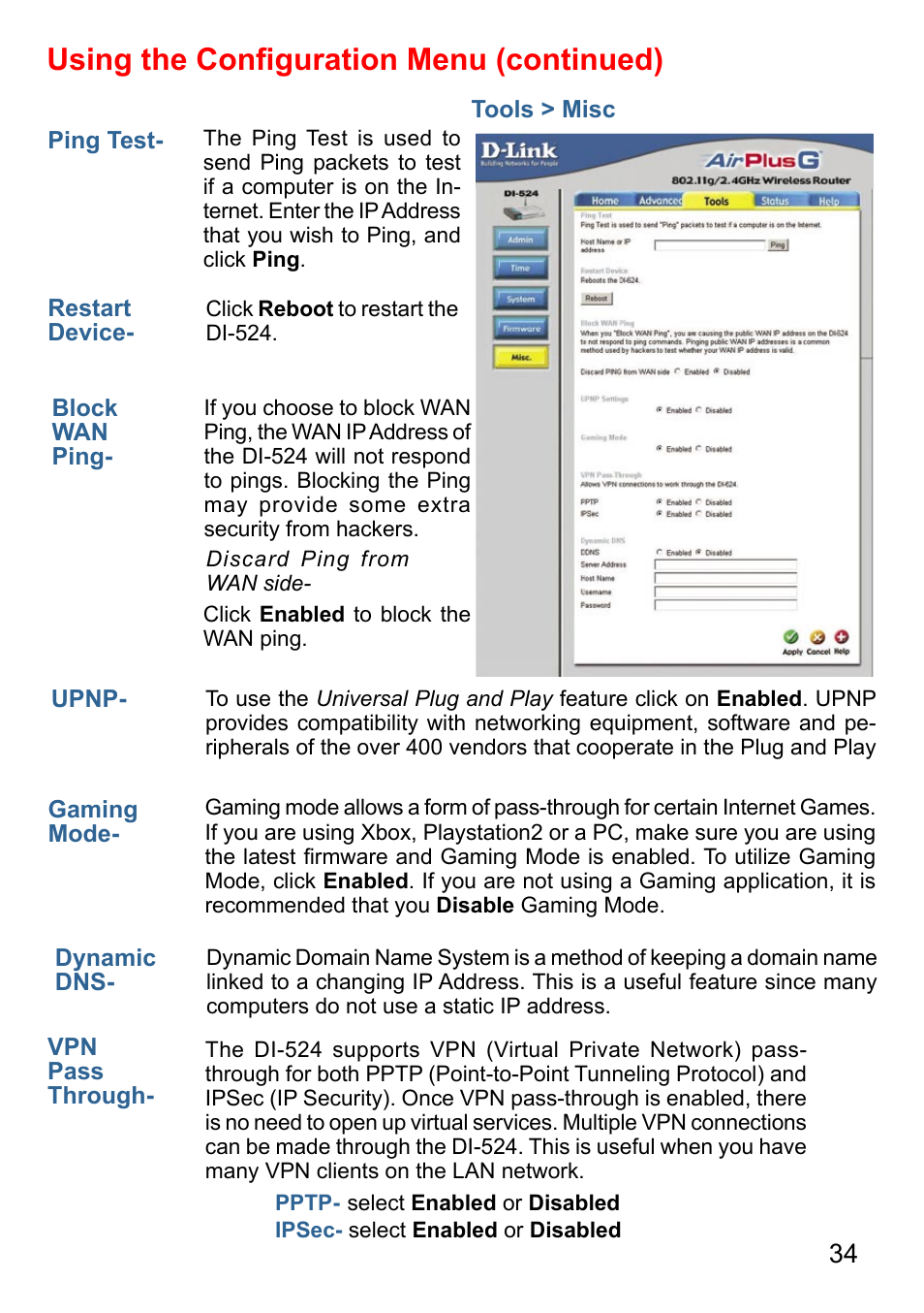 Using the conﬁguration menu (continued) | D-Link AirPlus DI-524 User Manual | Page 34 / 95