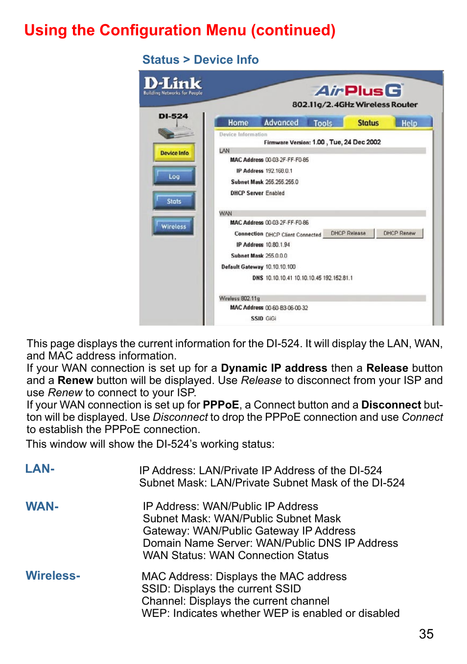 Using the conﬁguration menu (continued) | D-Link AirPlus DI-524 User Manual | Page 35 / 95