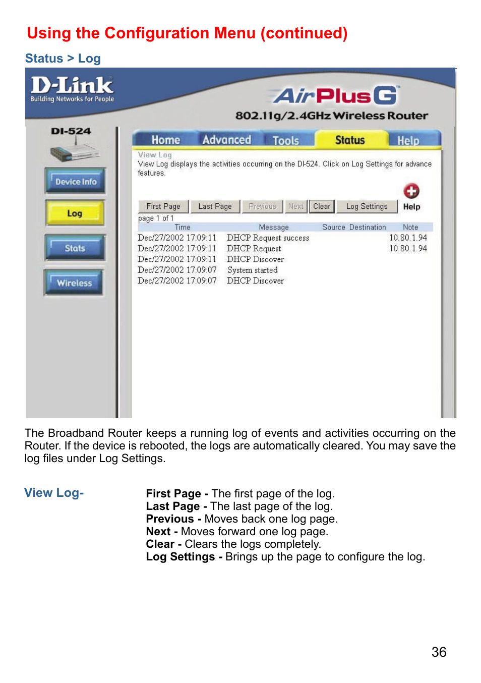 Using the conﬁguration menu (continued) | D-Link AirPlus DI-524 User Manual | Page 36 / 95