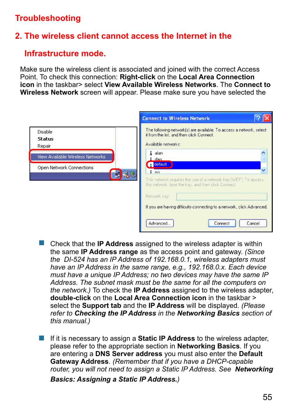 Troubleshooting | D-Link AirPlus DI-524 User Manual | Page 55 / 95