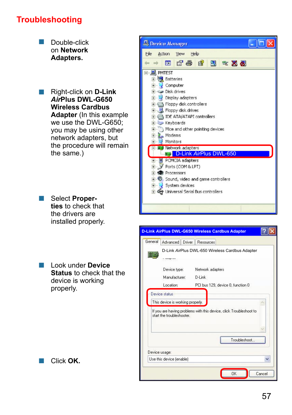 57 troubleshooting | D-Link AirPlus DI-524 User Manual | Page 57 / 95