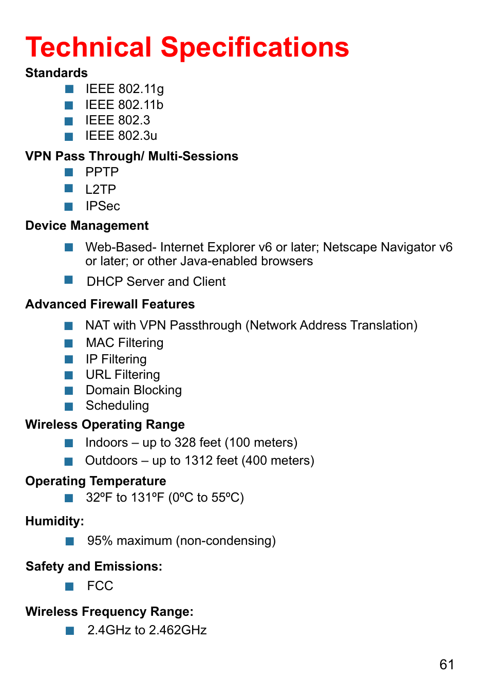 Technical speciﬁcations | D-Link AirPlus DI-524 User Manual | Page 61 / 95