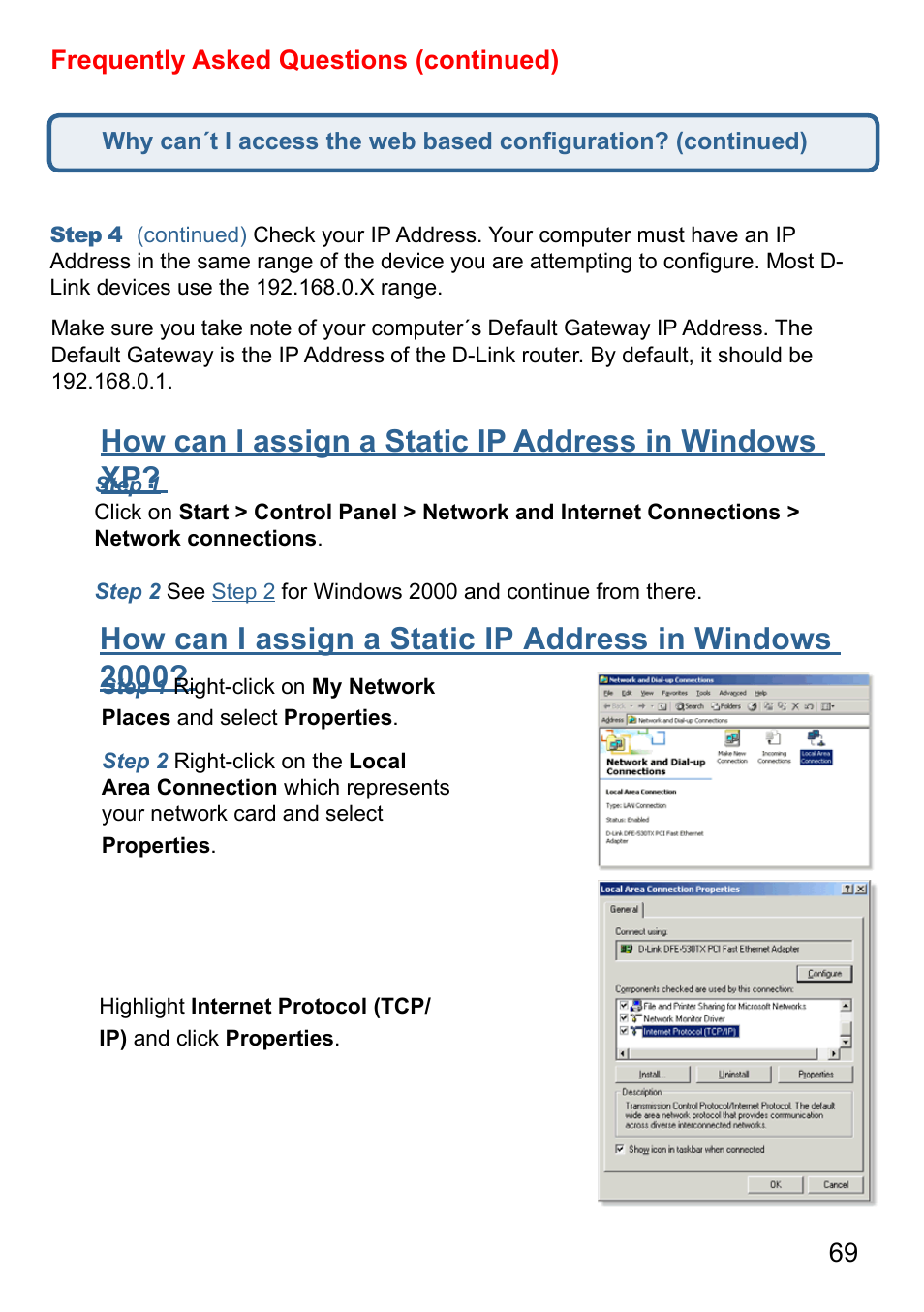 How can i assign a static ip address in windows xp | D-Link AirPlus DI-524 User Manual | Page 69 / 95