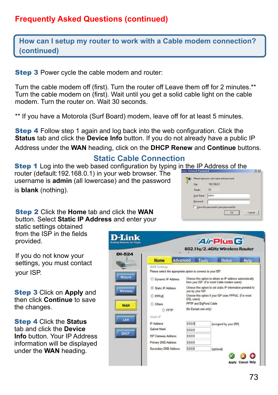 73 frequently asked questions (continued), Static cable connection | D-Link AirPlus DI-524 User Manual | Page 73 / 95