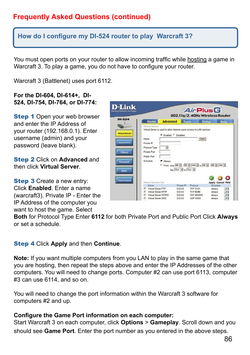86 frequently asked questions (continued) | D-Link AirPlus DI-524 User Manual | Page 86 / 95