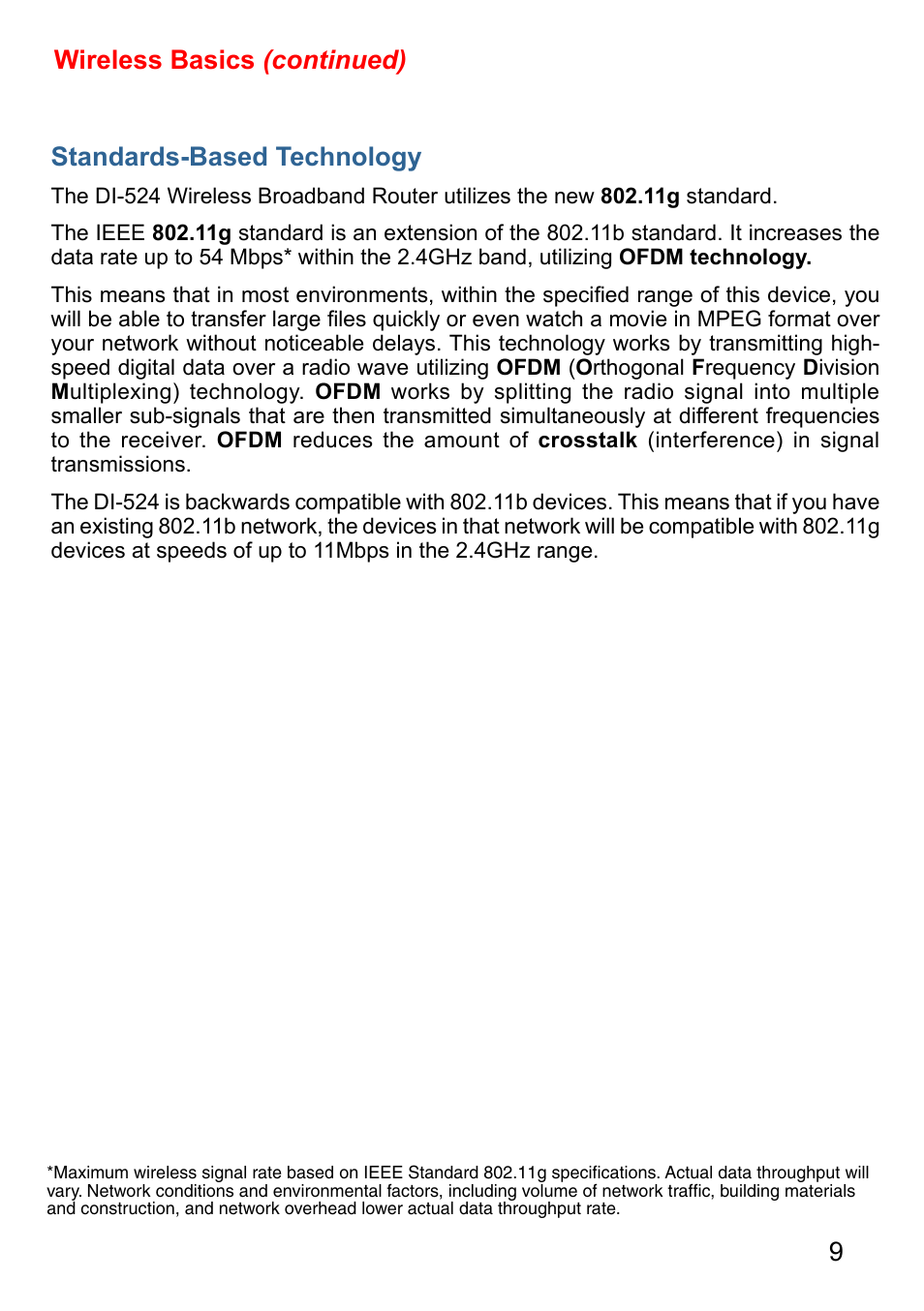 9standards-based technology, Wireless basics (continued) | D-Link AirPlus DI-524 User Manual | Page 9 / 95