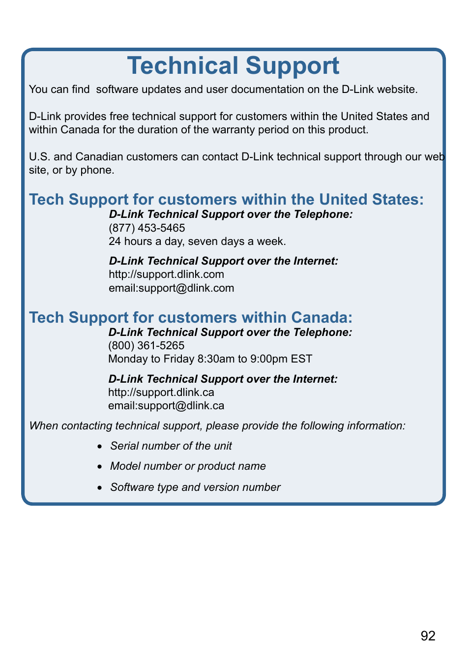 Technical support, Tech support for customers within canada | D-Link AirPlus DI-524 User Manual | Page 92 / 95