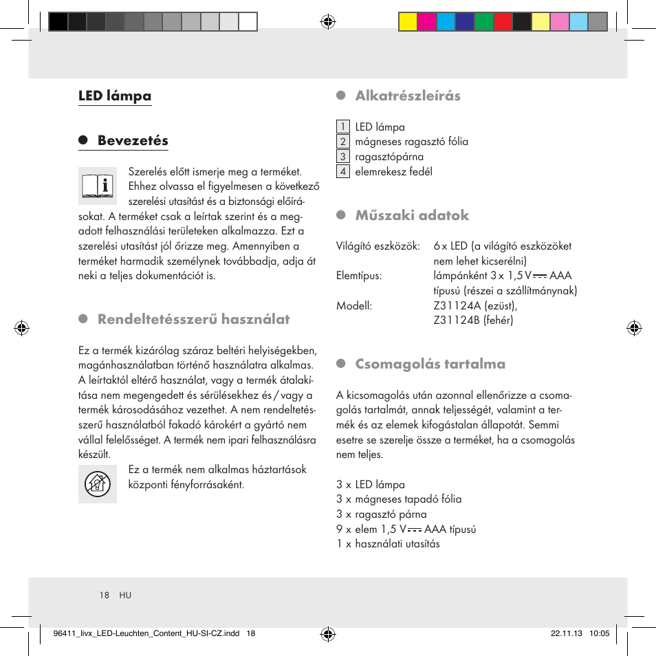 Led lámpa, Bevezetés, Rendeltetésszerű használat | Alkatrészleírás, Műszaki adatok, Csomagolás tartalma | Livarno Z31124A/Z31124B User Manual | Page 18 / 47