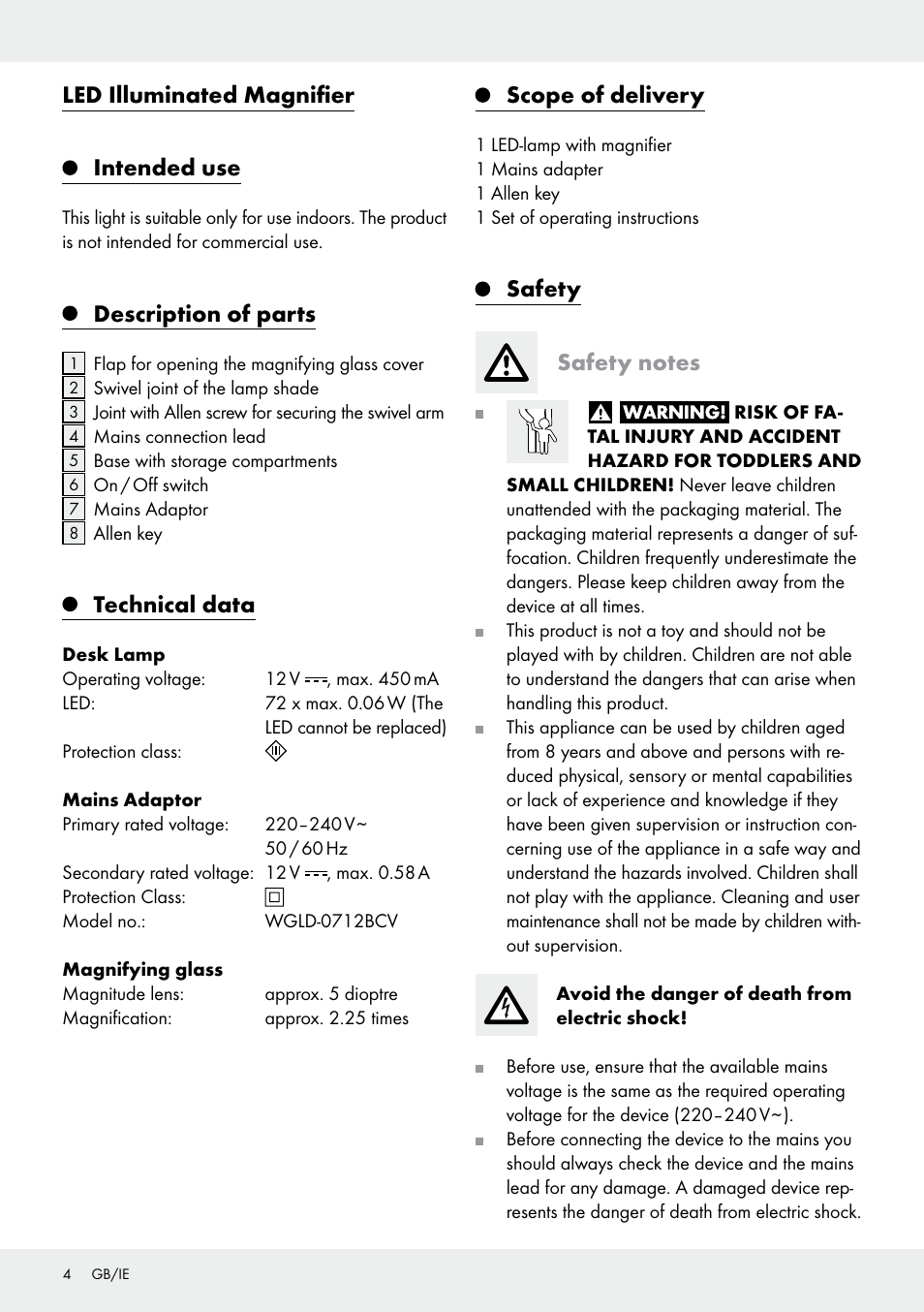 Led illuminated magnifier intended use, Description of parts, Technical data | Scope of delivery | Livarno WGLD-0712BCV User Manual | Page 4 / 7