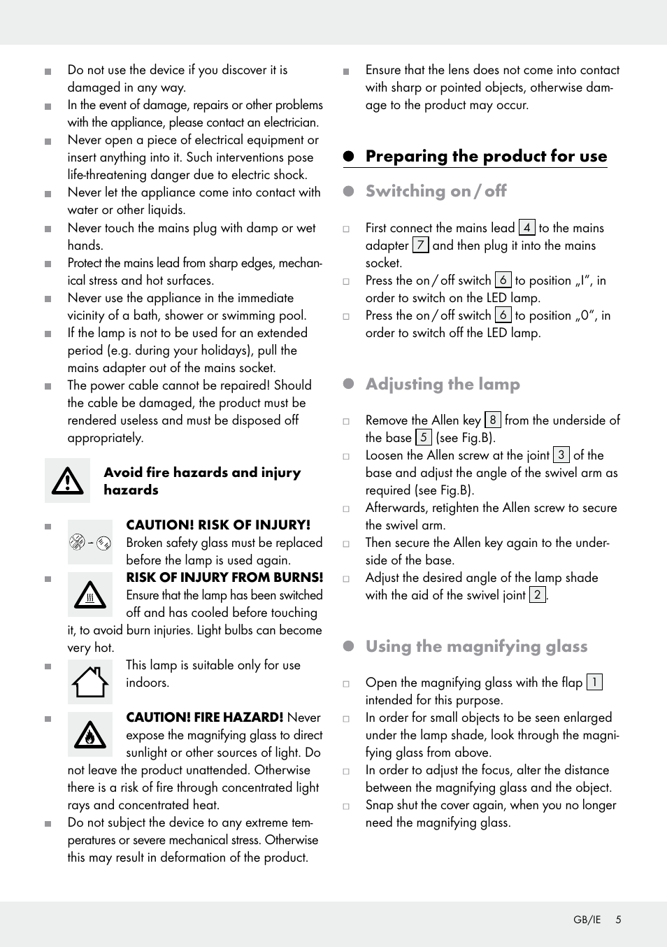 Preparing the product for use switching on / off, Adjusting the lamp, Using the magnifying glass | Livarno WGLD-0712BCV User Manual | Page 5 / 7