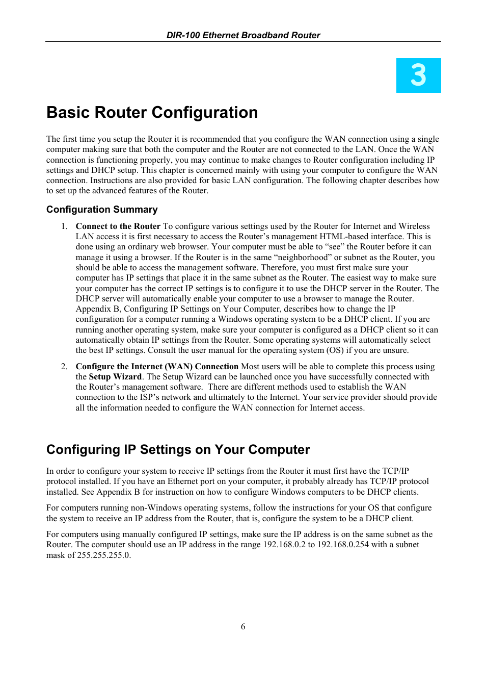 Basic router configuration, Configuring ip settings on your computer | D-Link DIR-100 User Manual | Page 12 / 70