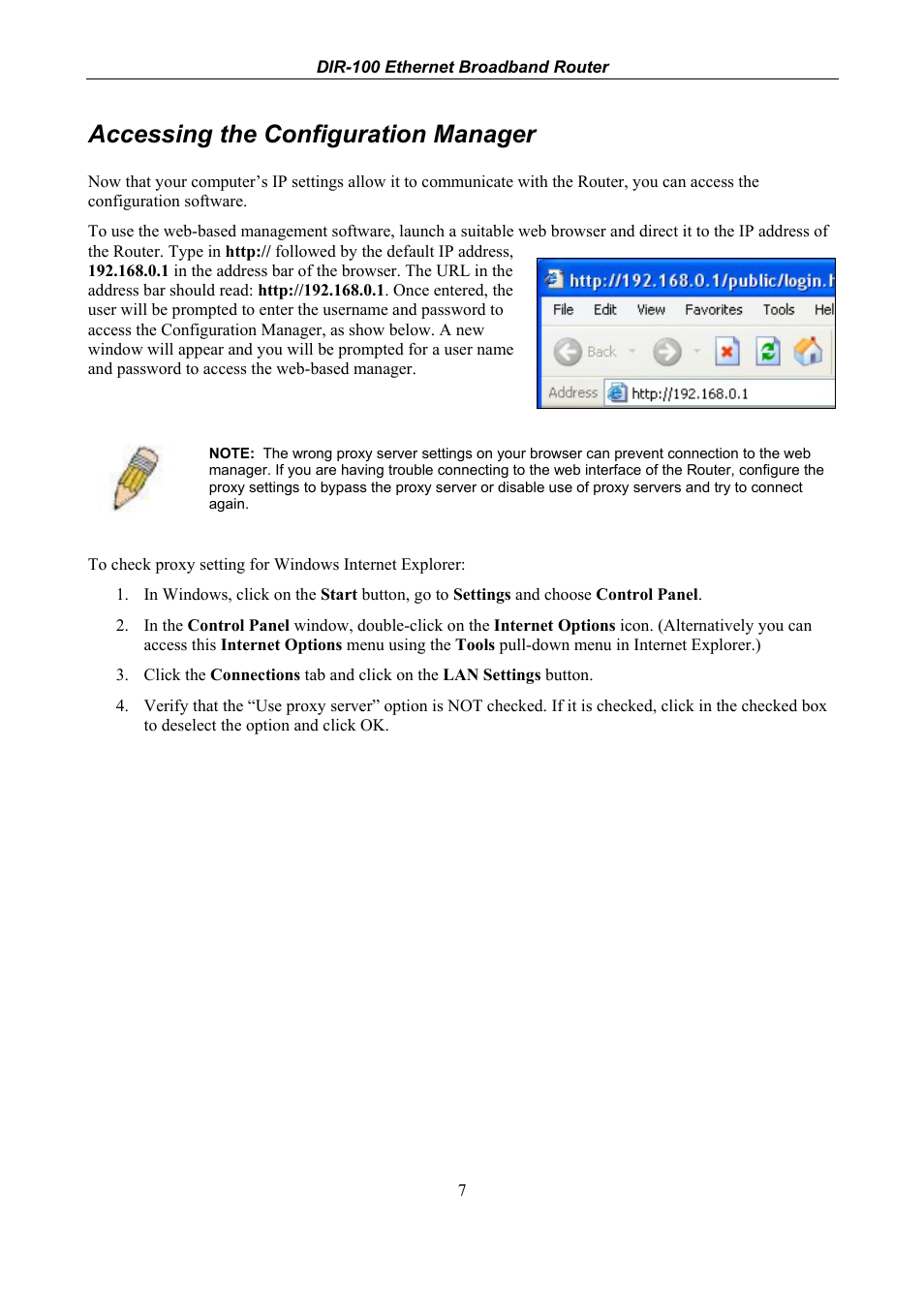 Accessing the configuration manager | D-Link DIR-100 User Manual | Page 13 / 70