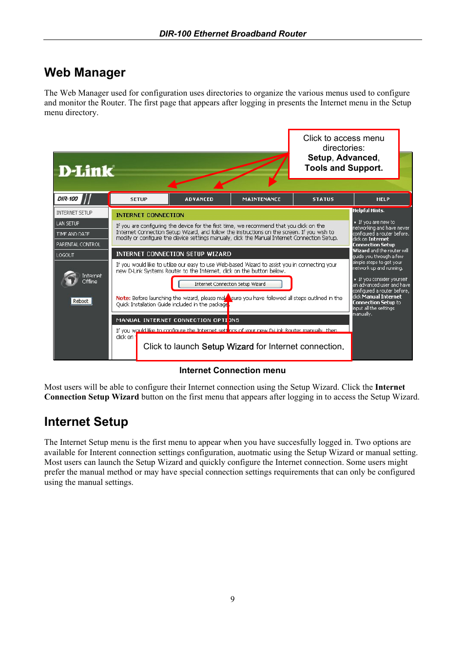 Web manager, Internet setup | D-Link DIR-100 User Manual | Page 15 / 70