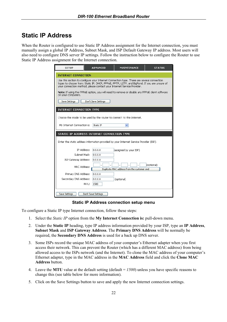 Static ip address | D-Link DIR-100 User Manual | Page 28 / 70