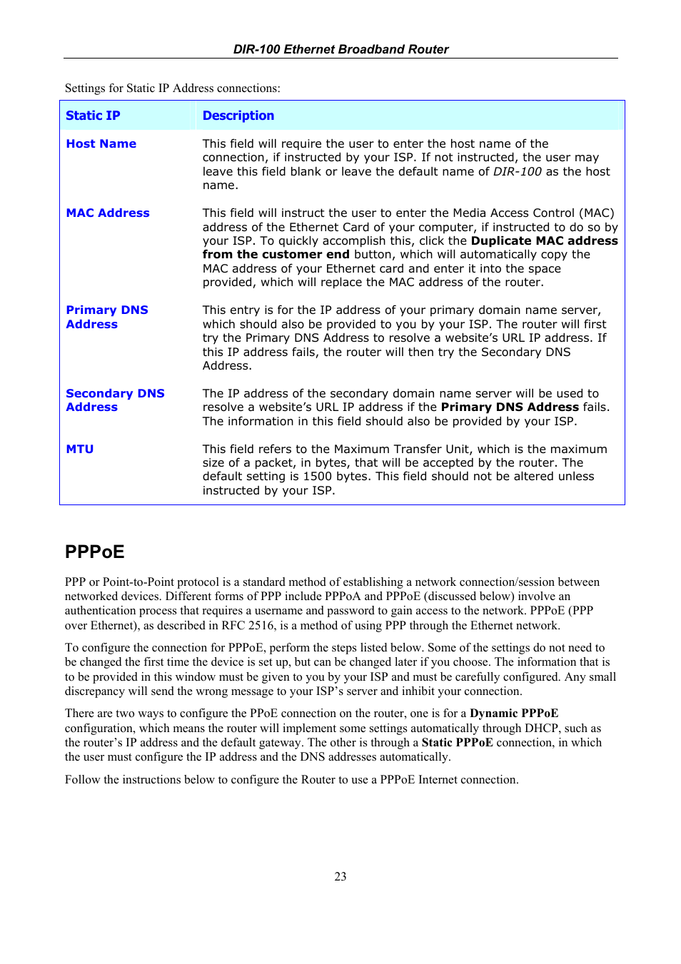 Pppoe | D-Link DIR-100 User Manual | Page 29 / 70