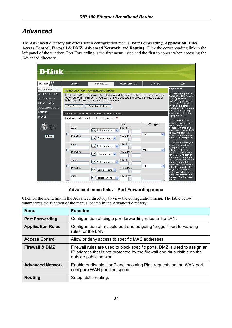 Advanced | D-Link DIR-100 User Manual | Page 43 / 70