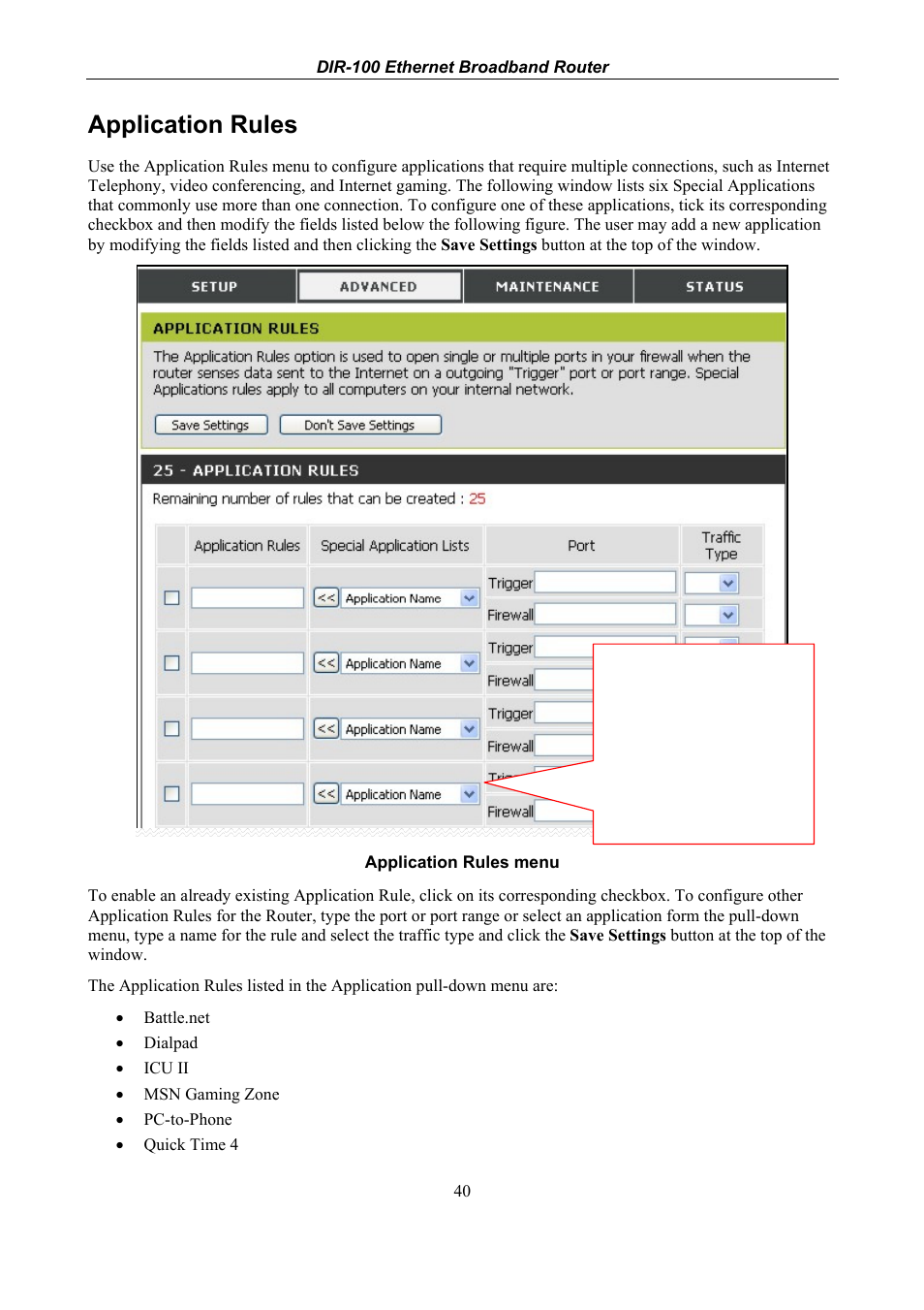 Application rules | D-Link DIR-100 User Manual | Page 46 / 70