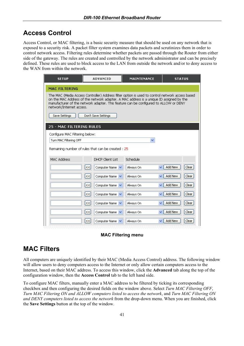 Access control, Mac filters | D-Link DIR-100 User Manual | Page 47 / 70