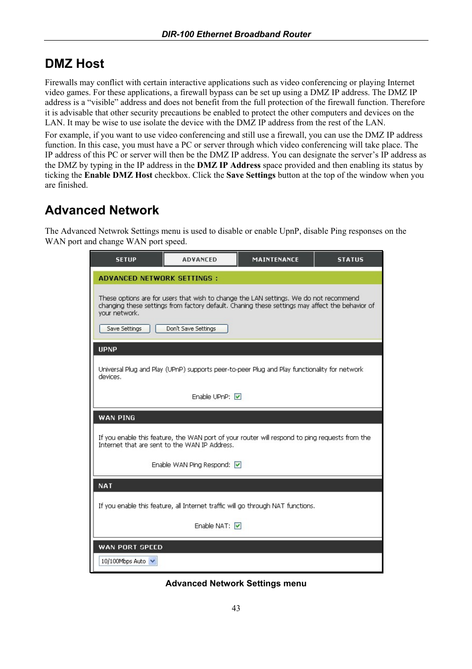 Dmz host, Advanced network | D-Link DIR-100 User Manual | Page 49 / 70