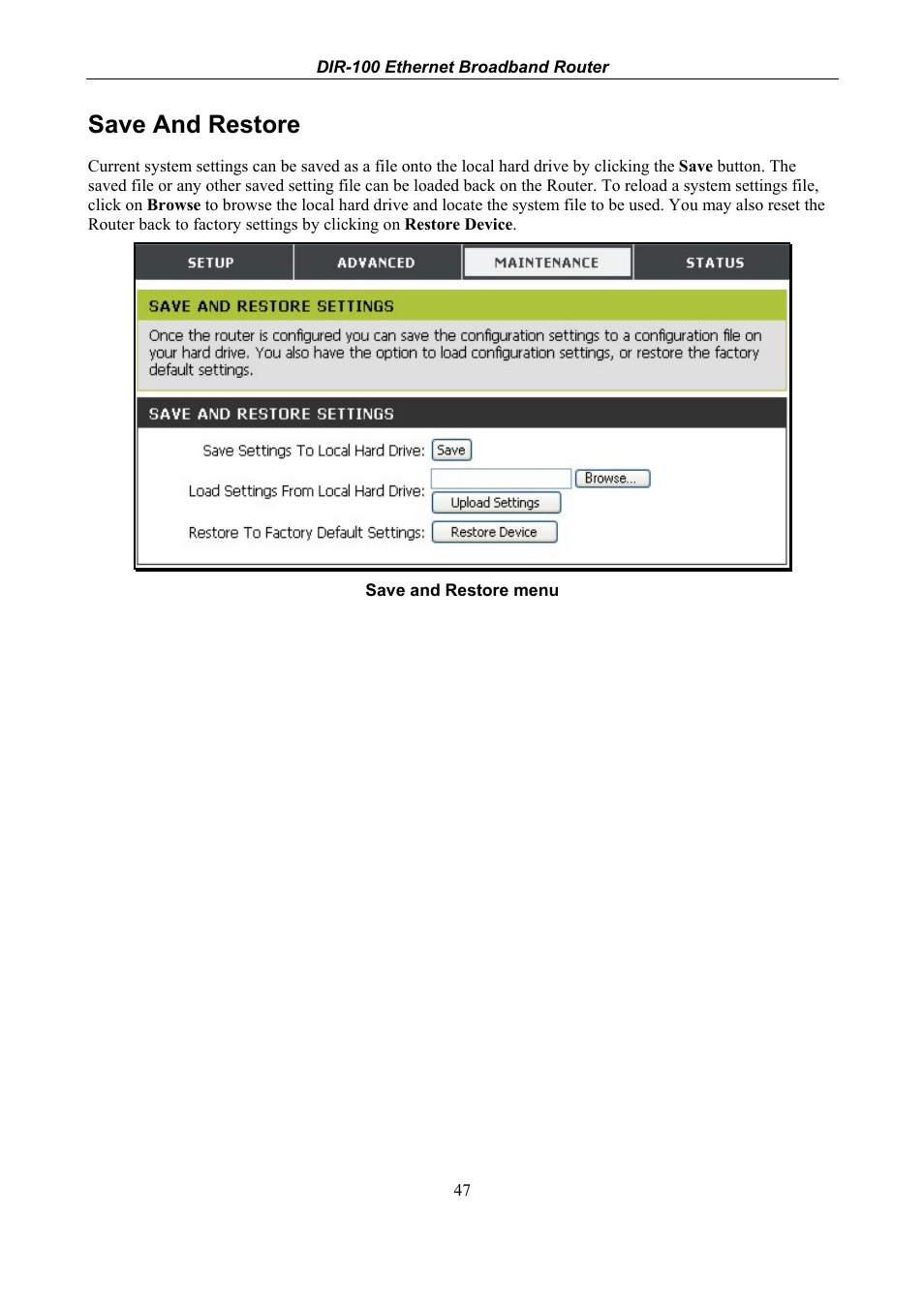 Save and restore | D-Link DIR-100 User Manual | Page 53 / 70