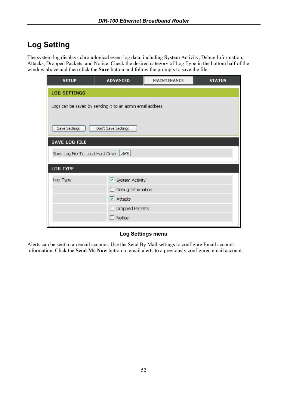 Log setting | D-Link DIR-100 User Manual | Page 58 / 70