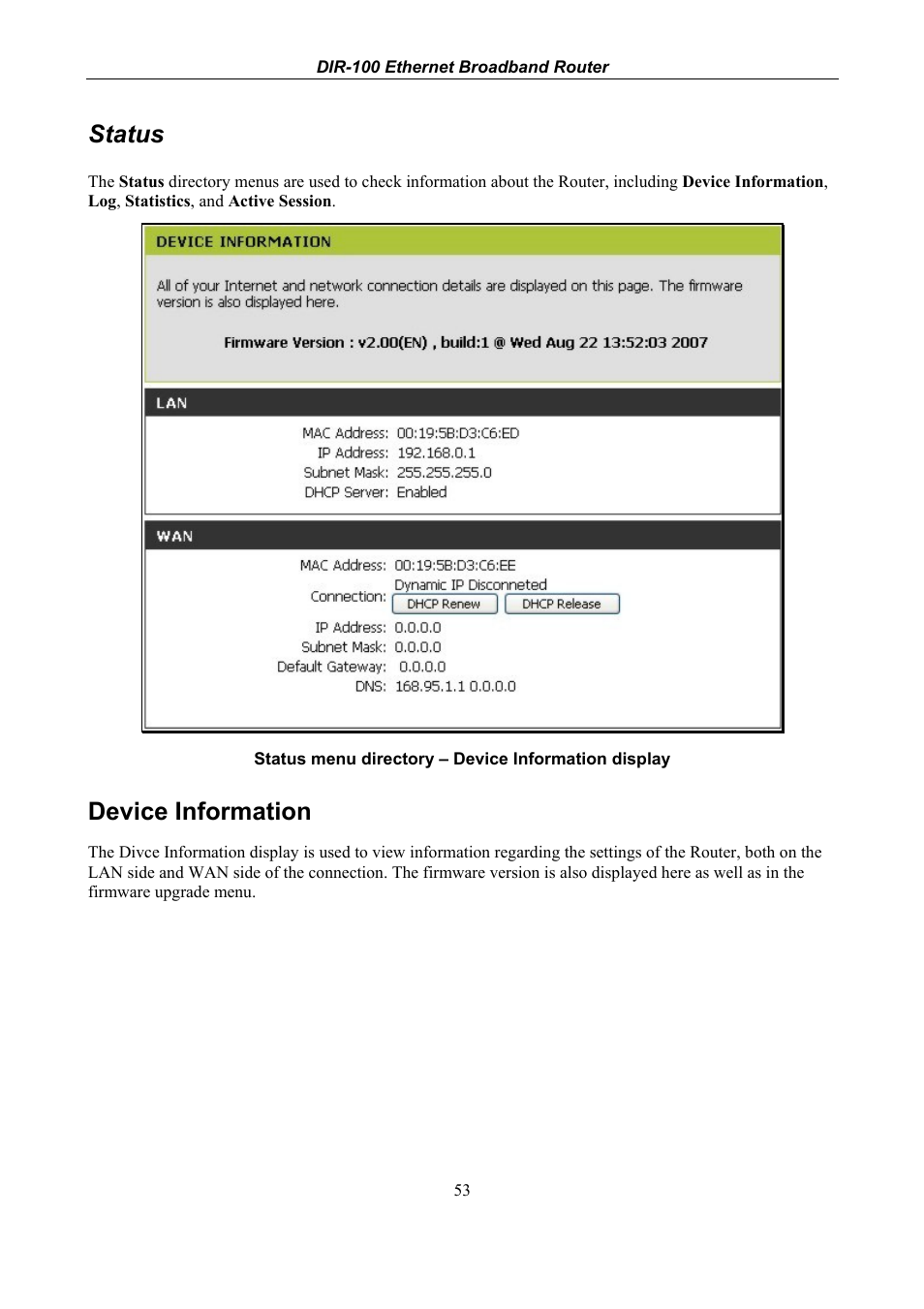 Status, Device information | D-Link DIR-100 User Manual | Page 59 / 70