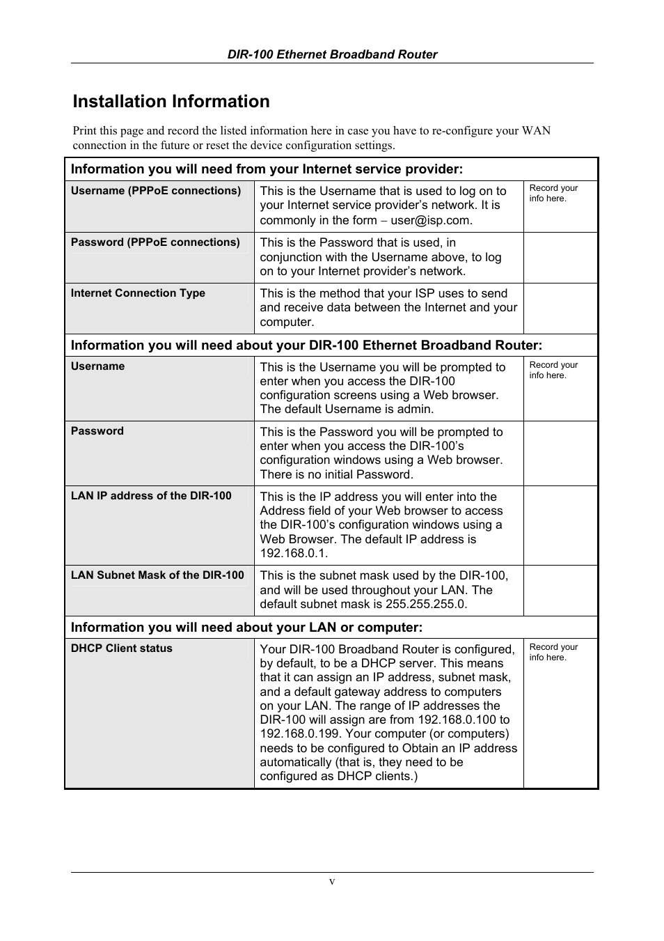 Installation information | D-Link DIR-100 User Manual | Page 6 / 70