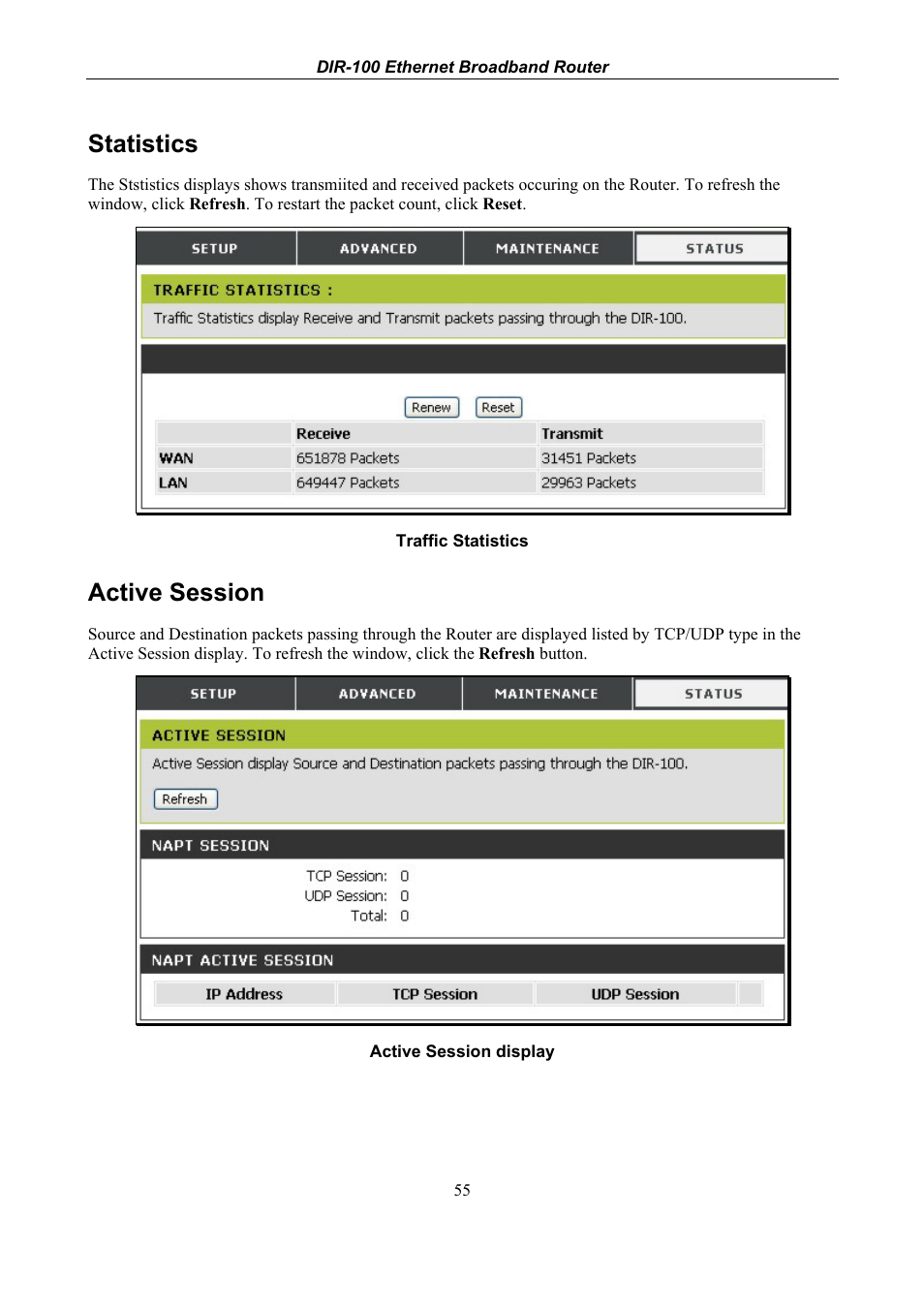 Statistics, Active session | D-Link DIR-100 User Manual | Page 61 / 70