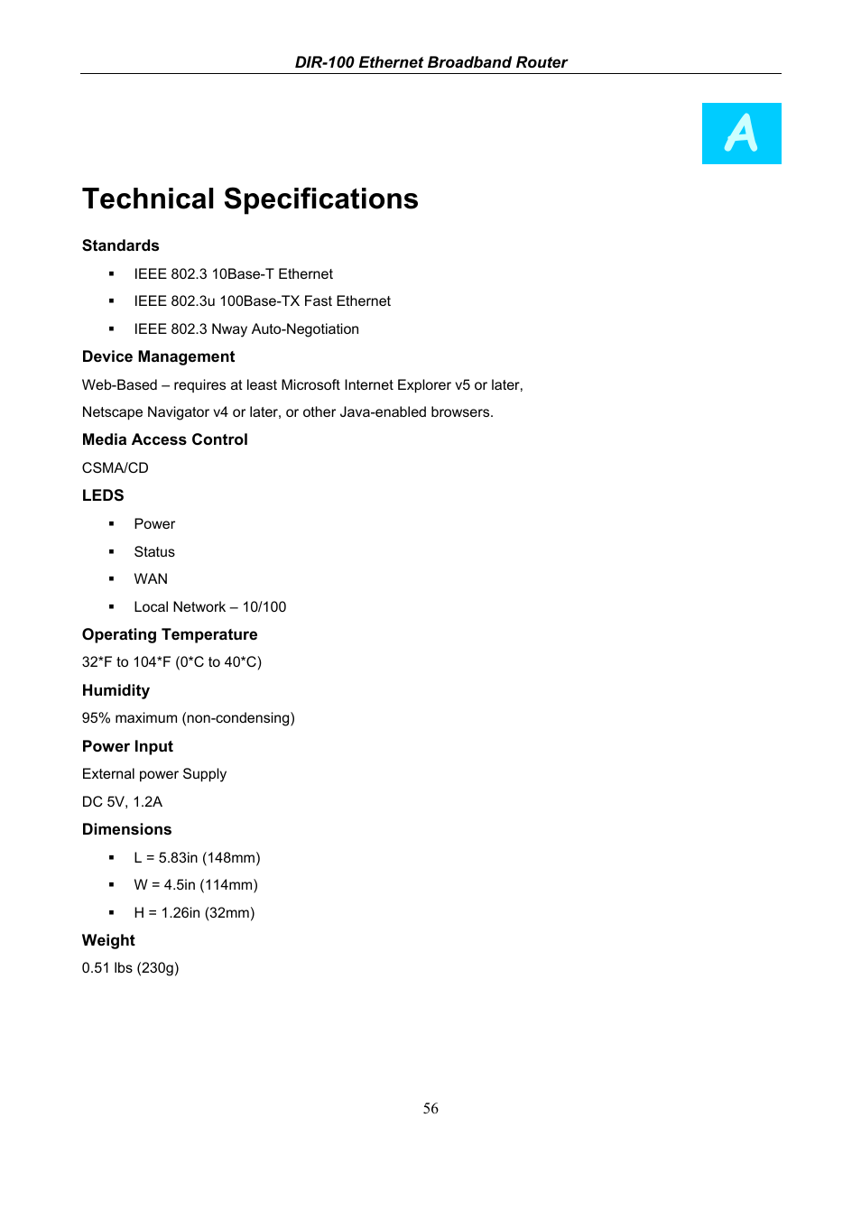 Technical specifications | D-Link DIR-100 User Manual | Page 62 / 70