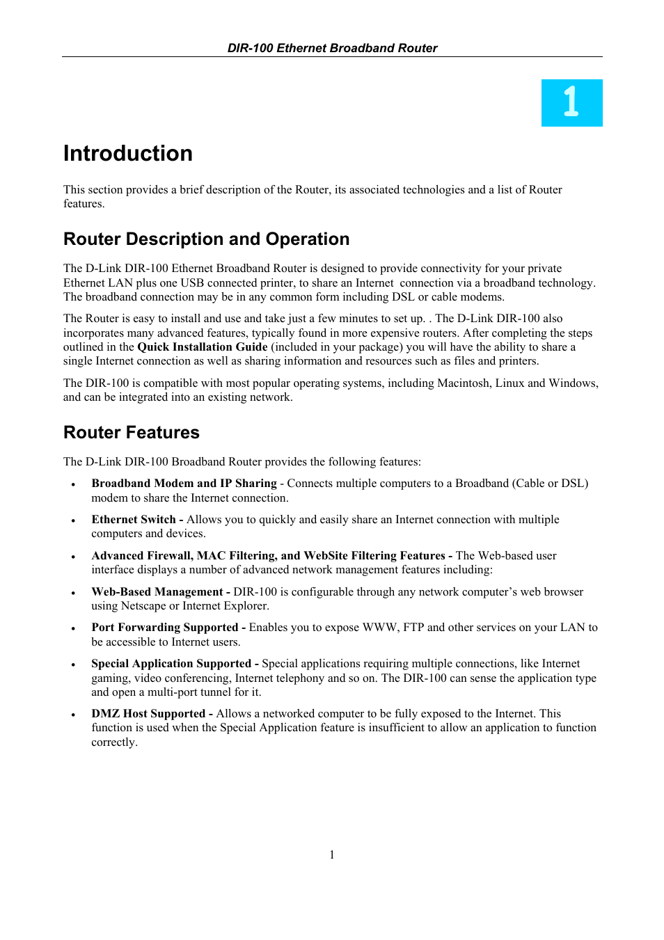 Introduction, Router description and operation, Router features | D-Link DIR-100 User Manual | Page 7 / 70